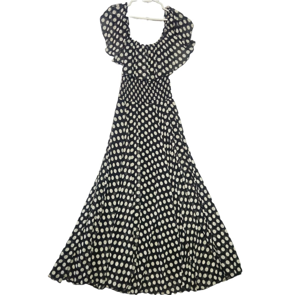 Va Va Voom Maxi Dress Womens Small Black White Polka Dot Ruffle Smocked Retro